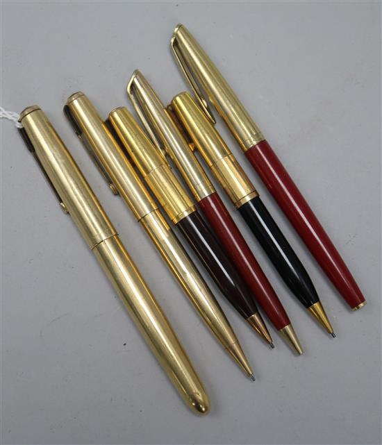 A Parker 51 14K gold-plated pen and pencil set, a Waterman pen and pencil set and two small Waterman pencils (6)